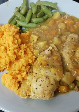 A picture of Chunky Chicken Stew and Sweet Potato Mash. 💜.