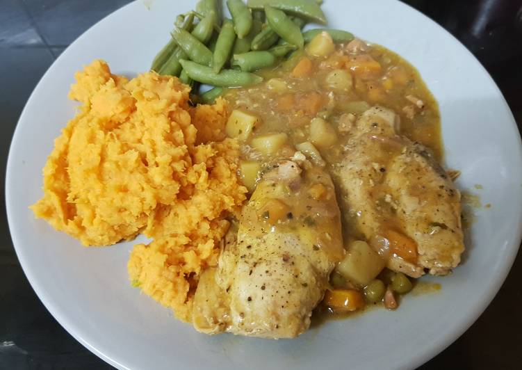 Chunky Chicken Stew and Sweet Potato Mash. 💜