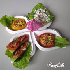 A picture of Roasted Corn Salad,Baked Kheera cucumber,Vegs & Fruits Raita.