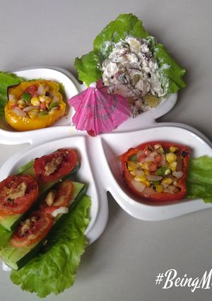 A picture of Roasted Corn Salad,Baked Kheera cucumber,Vegs & Fruits Raita.