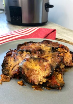 A picture of Eggplant Parmesan in a Crockpot Slow Cooker.