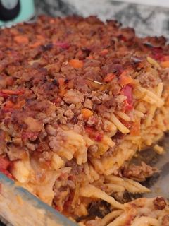 Una foto de 💜 Falsa lasaña de espaguetis con bechamel especial (s/ lactosa)