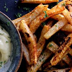 A picture of Kohlrabi Fries with Garlic Aioli.