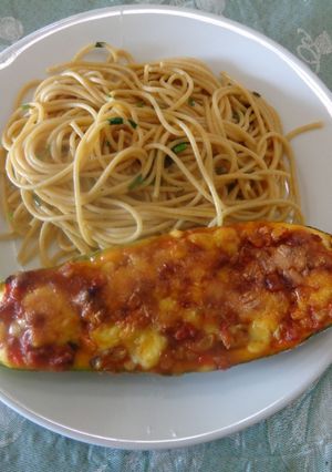 A picture of Stuffed Zucchini with Ground Beef and Bacon - Jon Style.