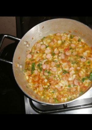 A picture of Smokies and mushroom stew.