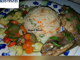 Carrot rice/veg sauces/fried fish