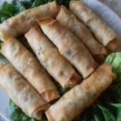 A picture of Baked chicken and vegetable spring rolls.