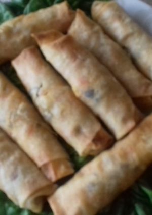 A picture of Baked chicken and vegetable spring rolls.