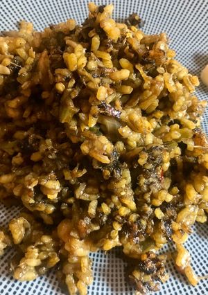 Una foto de Arroz de rape, gambas y congrio con alioli 🦐