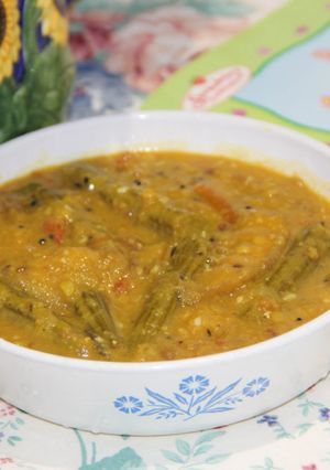 A picture of Indian Style Raw Mango & Drumsticks Dal Curry.