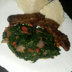 A picture of Grilled Liver, Kunde Veggies Served with Ugali #CharityRecipe.