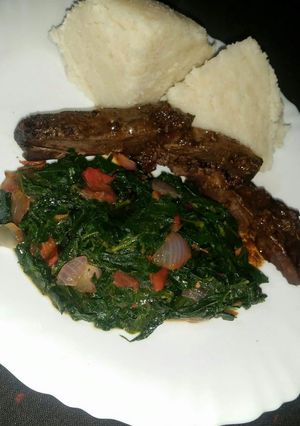 A picture of Grilled Liver, Kunde Veggies Served with Ugali #CharityRecipe.