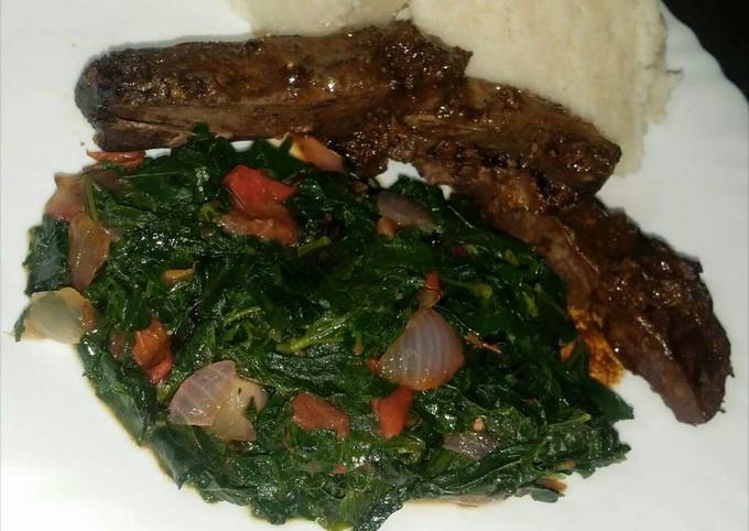 Grilled Liver, Kunde Veggies Served with Ugali #CharityRecipe