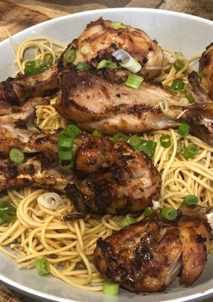 A picture of Miso glazed air fryer chicken drumsticks.