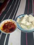 Boiled yam with palmoil sauce