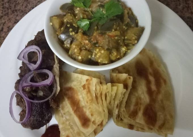 Eggplantscurry,goatsufuriaroast andchapati#weeklyjokochallenge&