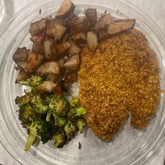 A picture of Crunchy Italian Chicken with Spiced Potatoes & Lemony Broccoli.
