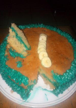 A picture of Banana cake with Banana Lemon juice cream frosting.