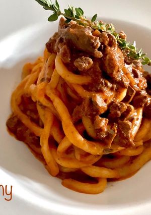 A picture of Pici with Chicken Giblet Ragù.