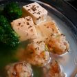 Mushroom Shrimp Balls, Tofu & Broccoli in Chicken Soup