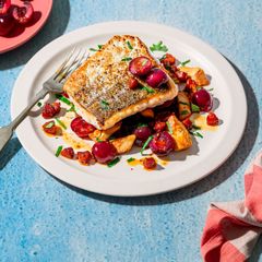 Pan-Fried Hake, Pikota Cherries, Chorizo and Artichokes A picture of Pan-Fried Hake, Pikota Cherries, Chorizo and Artichokes.