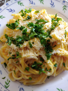 Una foto de Spaguettis con crema de Zapallo