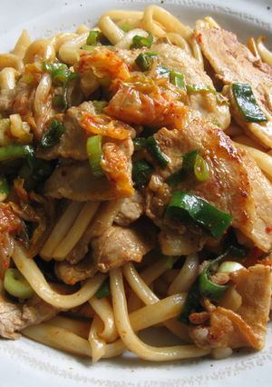 A picture of Stir-fried Pork & Kimchi Udon.