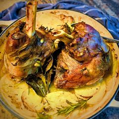 Roast lamb and boulangere potatoes A picture of Roast lamb and boulangere potatoes.