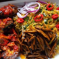 Abacha and ugba with fried fish A picture of Abacha and ugba with fried fish.