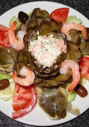 A picture of Artichokes Stuffed with Shrimp.