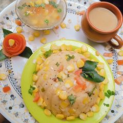 A picture of Sweetcorn veg upma and Sweetcorn soup.