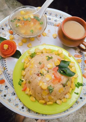 A picture of Sweetcorn veg upma and Sweetcorn soup.