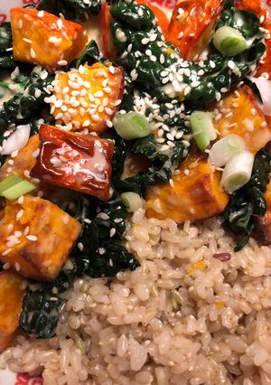 A picture of Miso-sesame squash with cavolo nero - vegan.