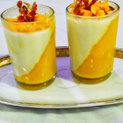 Mango Panna Cotta with Spun Sugar decoration A picture of Mango Panna Cotta with Spun Sugar decoration.