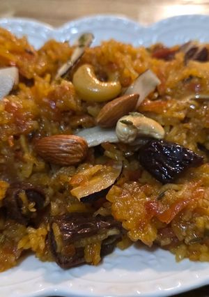 A picture of Gajar gur walay chawal (carrot rice with jaggery).