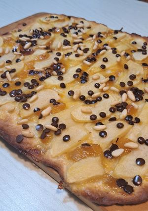 A picture of Focaccia with Apples, Chocolate, and Pine Nuts.