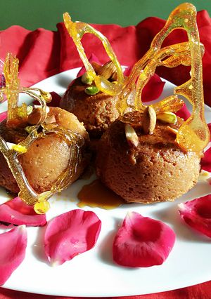 A picture of Ricotta cheese cake with date palm molasses.