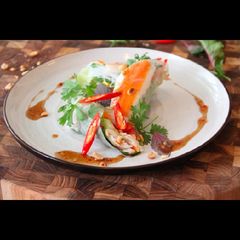 Veitnamese Rice paper Rolls, crab meat and chilli dip A picture of Veitnamese Rice paper Rolls, crab meat and chilli dip.