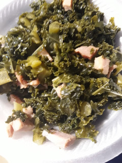 A picture of Kale with Canadian Bacon.