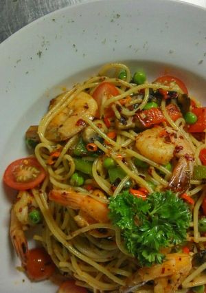Foto resep Aglio olio seafood pasta ala sandy
