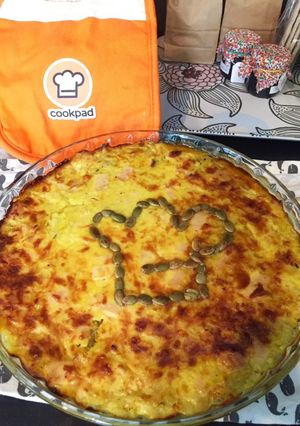 Une photo de Gratin courge, courgettes oignons caramélisés & jambon