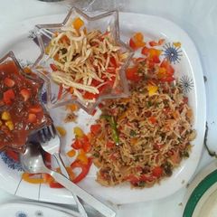 A picture of Garlic sauce with Garlic fried rice.