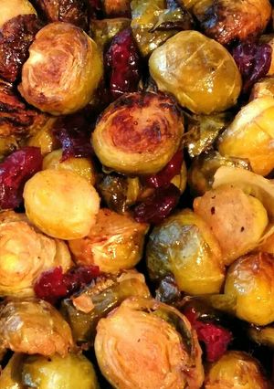 A picture of Vickys Orange & Cranberry Brussel Sprouts, GF DF EF SF NF.