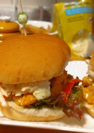 A picture of Cheesy chicken burgers.