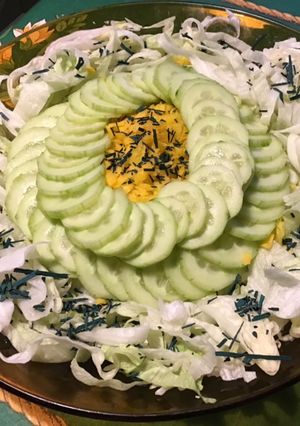 Une photo de Salade iceberg,carottes jaunes,concombre et spiruline