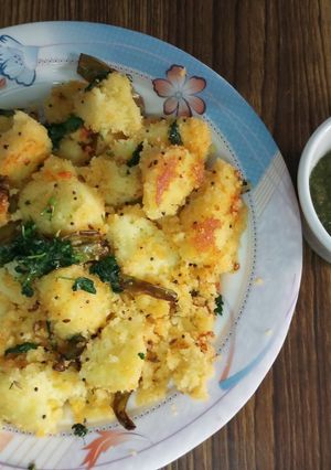 A picture of Fried Soji Dhokla idli shaped.