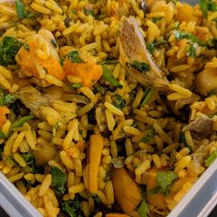 A picture of Not-so-classic kedgeree w/ roast squash.