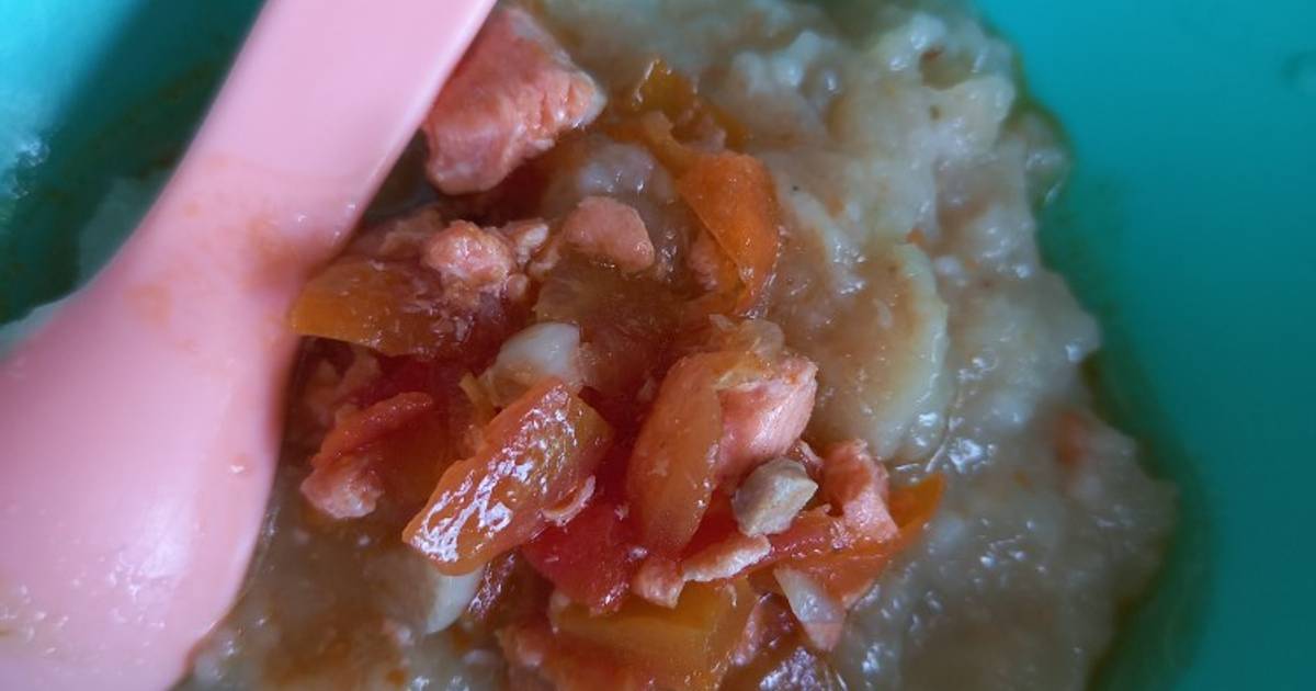 Resep MPASI 9 bulan Bubur kentang salmon saus tomat oleh Irma Tri