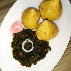 A picture of Tofu(Awara) moi moi served with veggie sauce.