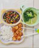 Còi sò điệp lăn bột, rau củ ngũ sắc sốt xì dầu cho bé